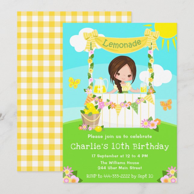 Lemonade Stand Birthday Brown Hair Girl Invitation (Front/Back)