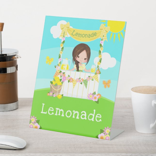 Lemonade Stand Birthday Brown Hair Girl Pedestal Sign (In SItu)