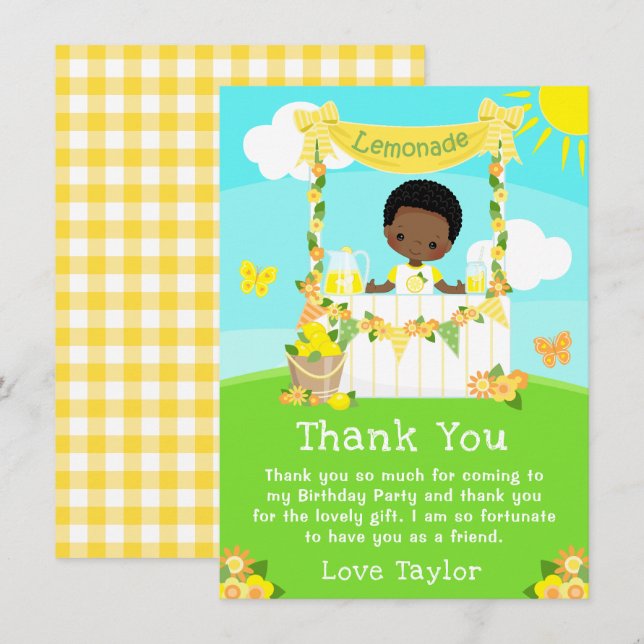 Lemonade Stand Birthday Dark Skin Boy Thank You Card (Front/Back)