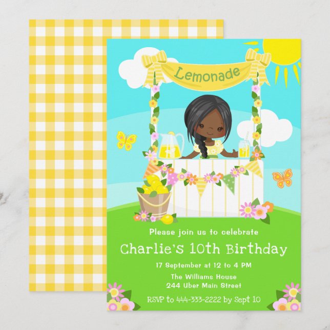 Lemonade Stand Birthday Dark Skin Girl Invitation (Front/Back)