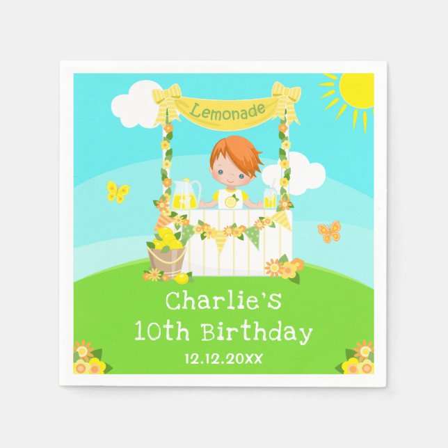 Lemonade Stand Birthday Red Hair Boy Napkin (Front)