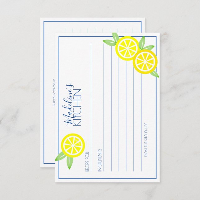 lemonade SUMMER CITRUS bridal shower RECIPE  Enclosure Card (Front/Back)