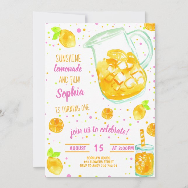 Lemonade Summer Confetti Cute Girl Birthday Invitation (Front)