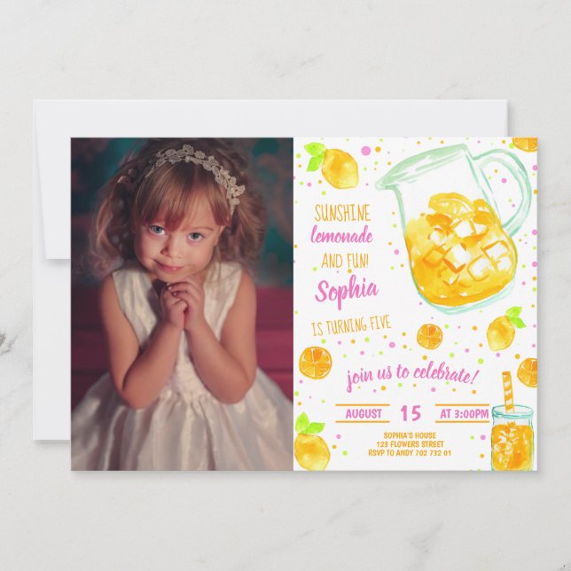 Lemonade Summer Confetti Girl Birthday with Photo Invitation (Front)