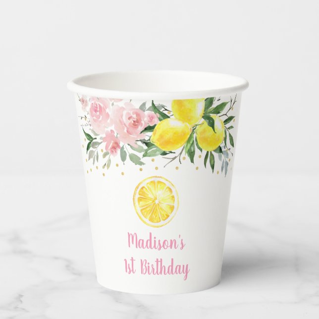 Lemonade Sunshine Pink Floral Birthday Paper Cups (Front)