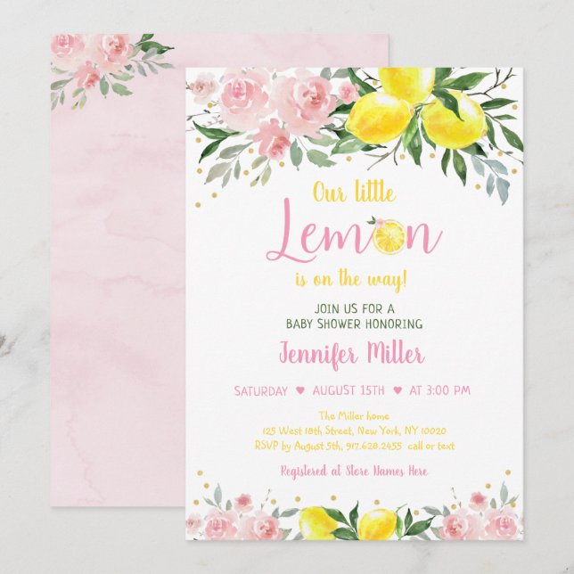 Lemonade Sunshine Pink Gold Floral Baby Shower Invitation (Front/Back)
