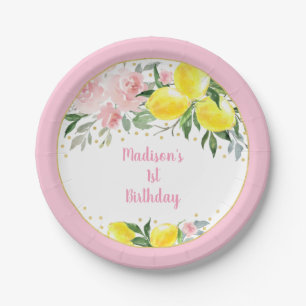 Lemonade Sunshine Pink Gold Floral Birthday Paper Plate
