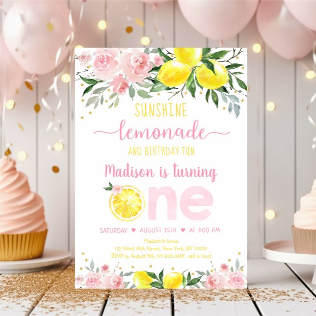 Lemonade Sunshine Pink Gold Floral First Birthday Invitation (Creator Uploaded)