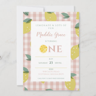 Lemonade Sunshine Pink Plaid First Birthday Invita Invitation