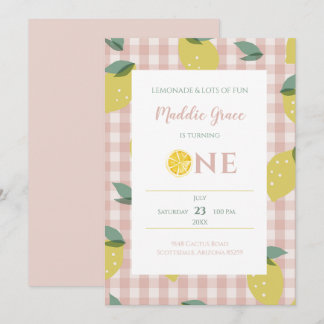 Lemonade Sunshine Pink Plaid First Birthday Invitation