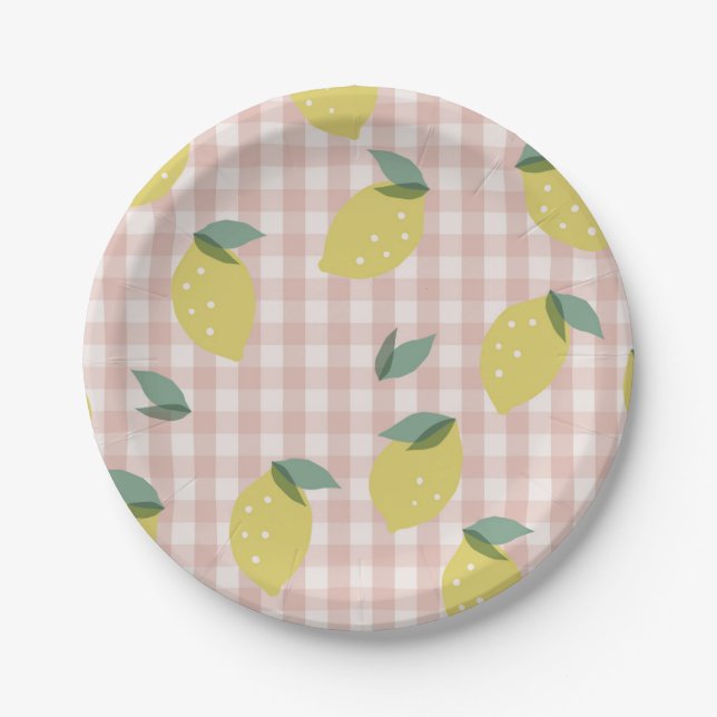 Lemonade Sunshine Pink Plaid First Birthday Paper Plate (Front)