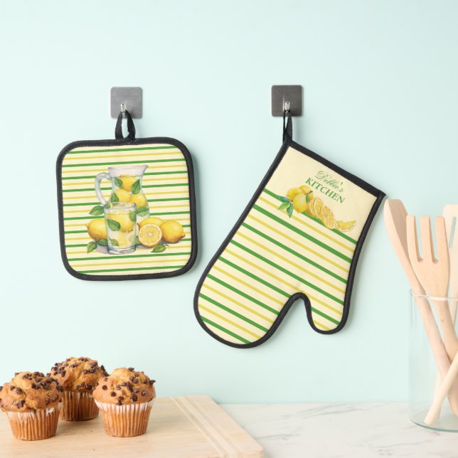 Lemonade with Yellow and Green Stripes   Oven Mitt & Pot Holder Set (Insitu(Hanging))