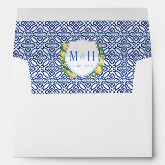 Lemons Amalfi Blue Tiles Monogram Return Address Envelope (Back (Bottom))