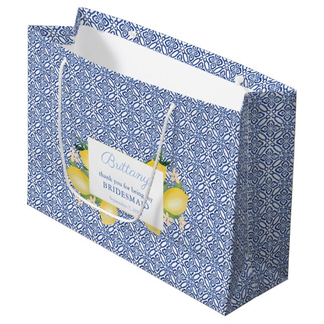 Lemons Amalfi Blue Tiles Wedding Party Thank You Large Gift Bag (Front Angled)