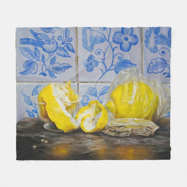 Lemons and Azulejos — Classic Blue & Yellow Still  Fleece Blanket (Front (Horizontal))