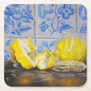 Lemons and Azulejos — Classic Blue & Yellow Still Square Paper Coaster