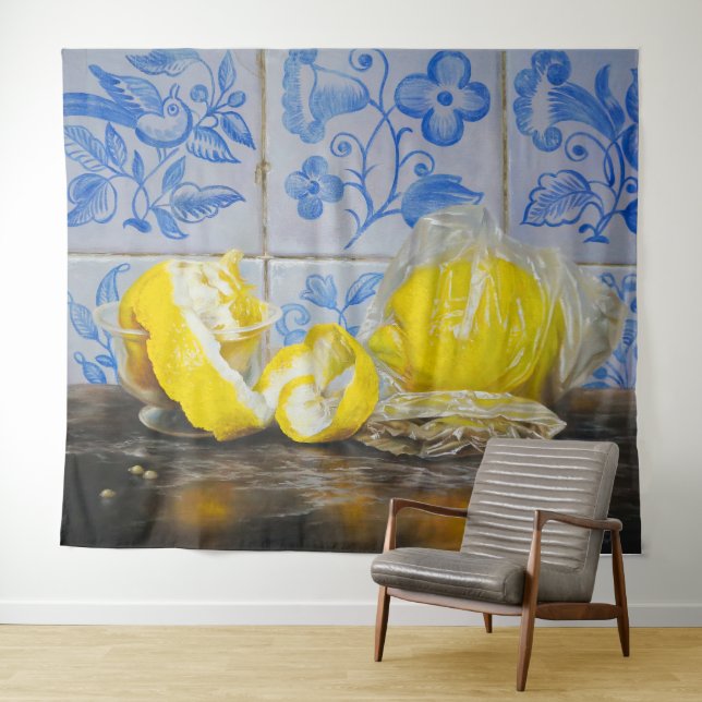Lemons and Azulejos — Classic Blue & Yellow Still  Tapestry (In Situ (Horizontal))