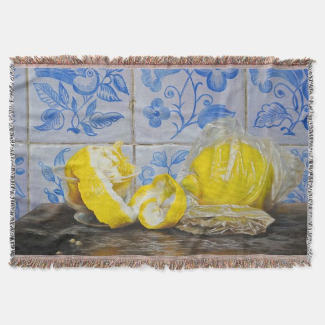 Lemons and Azulejos — Classic Blue & Yellow Still  Throw Blanket (Front)
