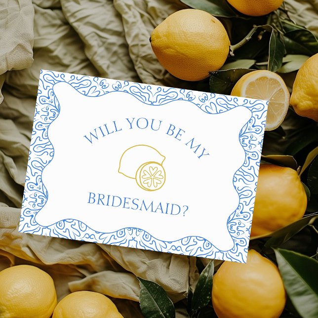Lemons and Blue Tiles Italian Bridesmaid Proposal Card (Ask in style with this fun lemon-themed bridesmaid card, customizable to match your wedding vibe.)