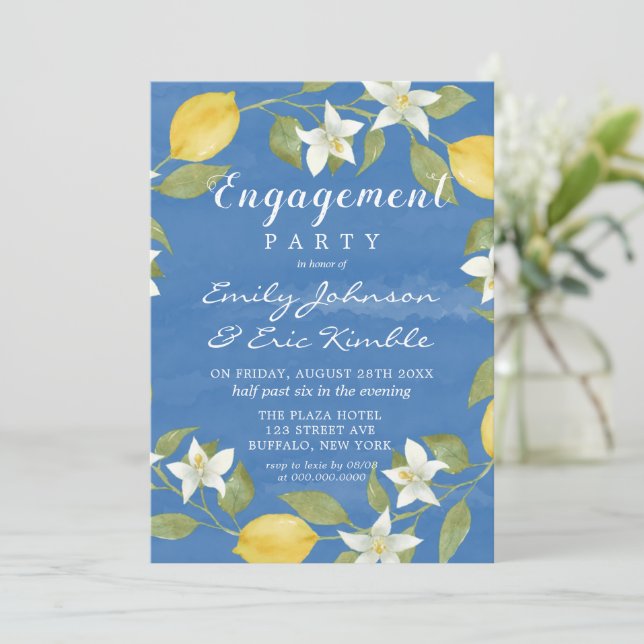 Lemons and Blue Watercolor Engagement Party  Invitation (Standing Front)