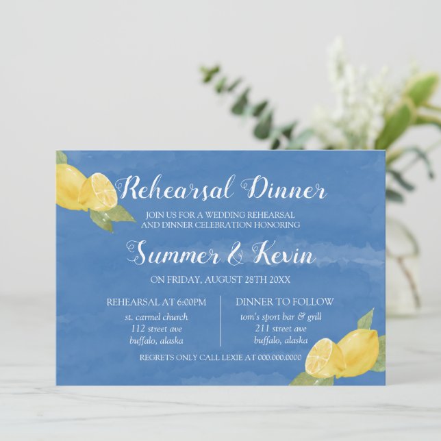 Lemons and Blue Watercolor Rehearsal Dinner Invitation (Standing Front)