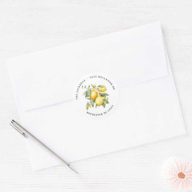 Lemons and Branch Return Address  Classic Round Sticker (Envelope)