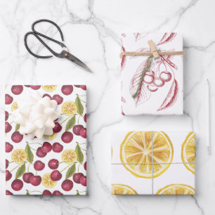 Lemons and cherries 3 sheets of wrapping paper