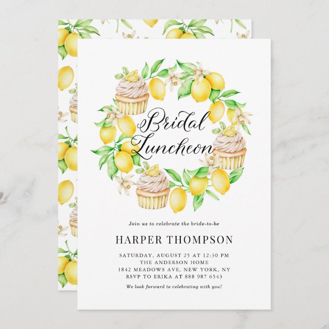 Lemons and Cupcakes Wreath Summer Bridal Luncheon Invitation (Front/Back)