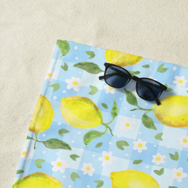 Lemons and Daisies Blue Plaid Beach Towel (In Situ)