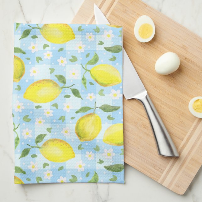 Lemons and Daisies Blue Plaid Tea Towel (Quarter Fold)