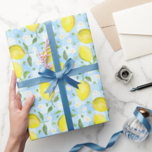 Lemons and Daisies Blue Plaid Wrapping Paper