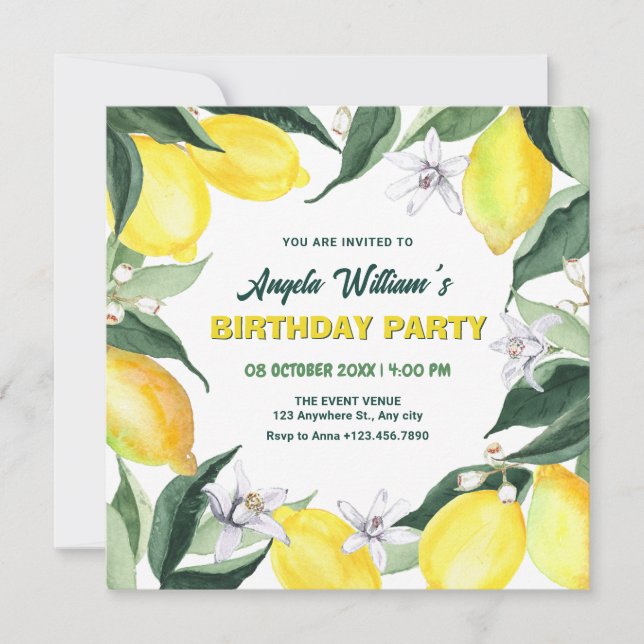 Lemons and Flowers Birthday Invitation (Front)