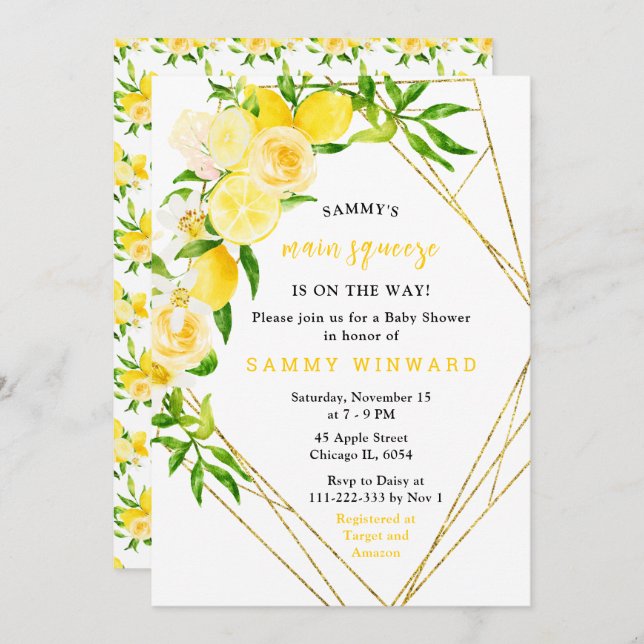Lemons and Flowers with Foliage Baby Shower Invitation (Front/Back)