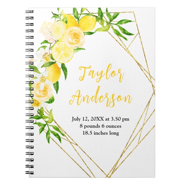 Lemons and Foliage Baby Birth Stats Notebook (Front)