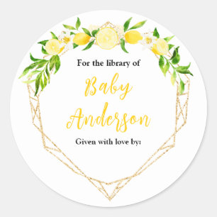 Lemons and Foliage Baby Shower Bookplate Classic Round Sticker