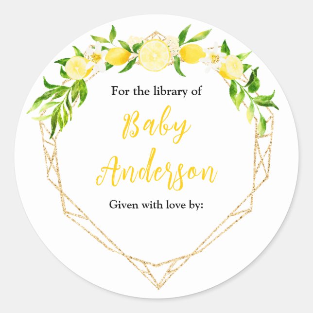 Lemons and Foliage Baby Shower Bookplate Classic Round Sticker (Front)