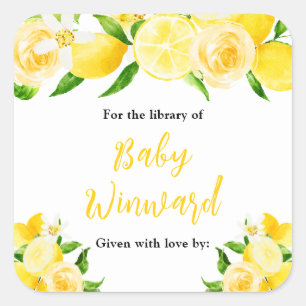 Lemons and Foliage Baby Shower Bookplate Square Sticker