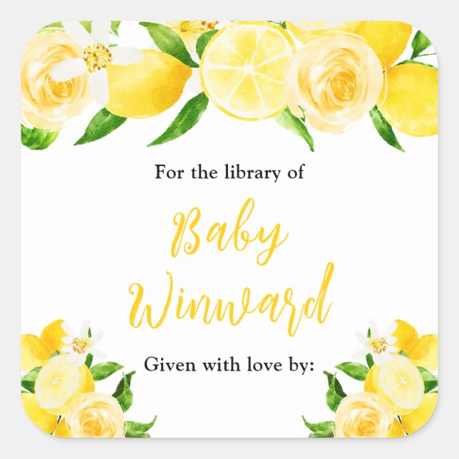 Lemons and Foliage Baby Shower Bookplate Square Sticker (Front)