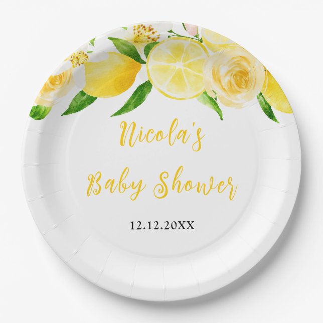 Lemons and Foliage Baby Shower Paper Plate (Front)