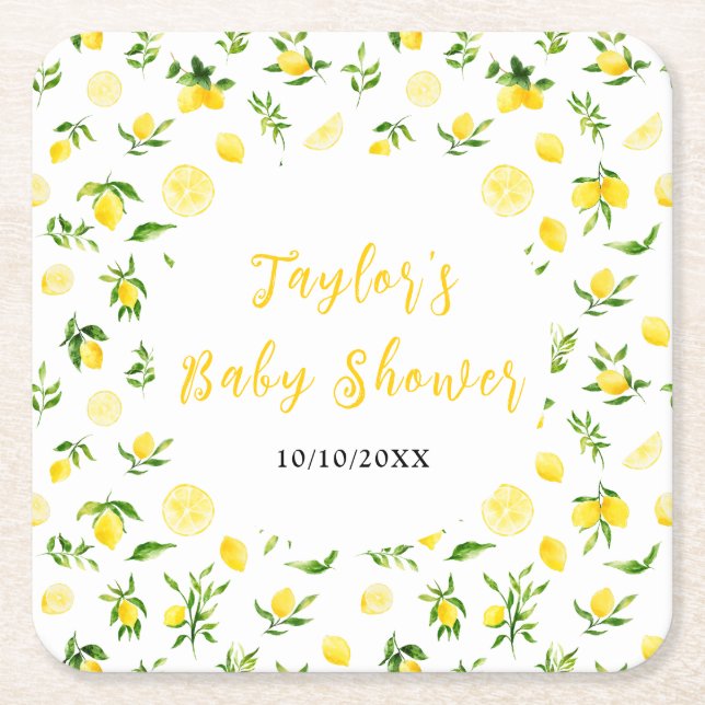 Lemons and Foliage Baby Shower Square Paper Coaster (Front)