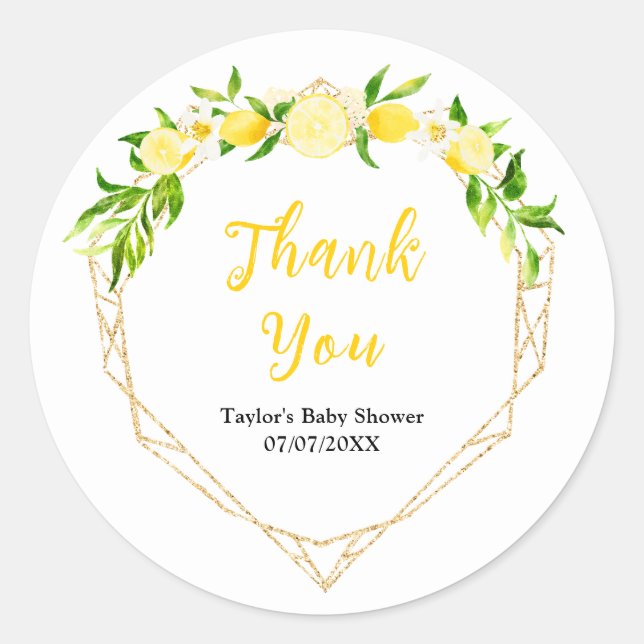 Lemons and Foliage Baby Shower Thank You Classic Round Sticker (Front)