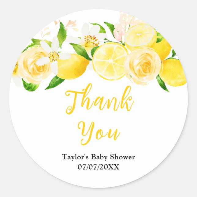 Lemons and Foliage Baby Shower Thank You Classic Round Sticker (Front)