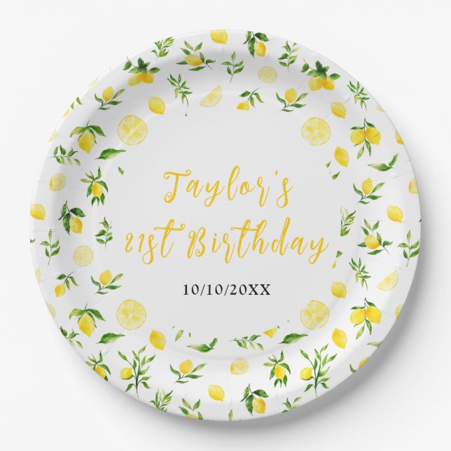 Lemons and Foliage Birthday Paper Plate (Front)