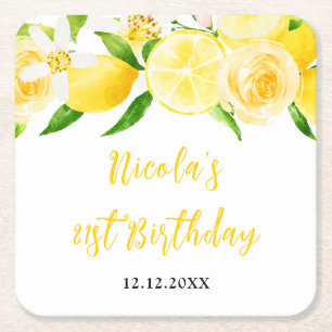 Lemons and Foliage Birthday Square Paper Coaster