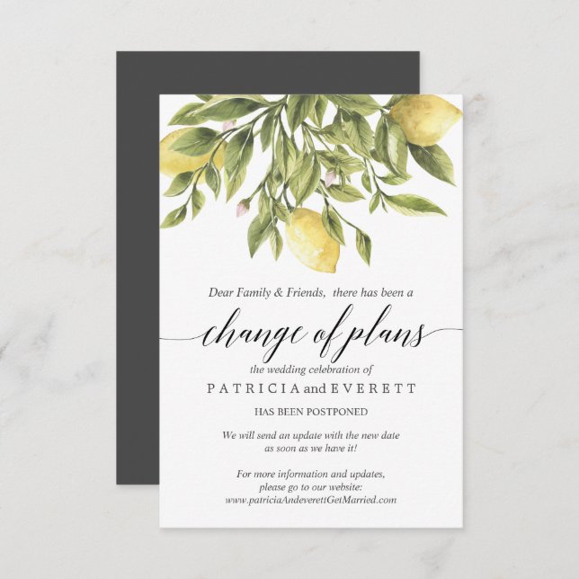 Lemons and Foliage Grey Wedding Change of Plans Invitation (Front/Back)