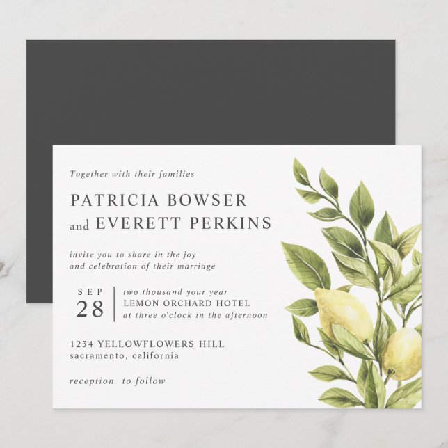 Lemons and foliage watercolor botanical wedding invitation (Front/Back)