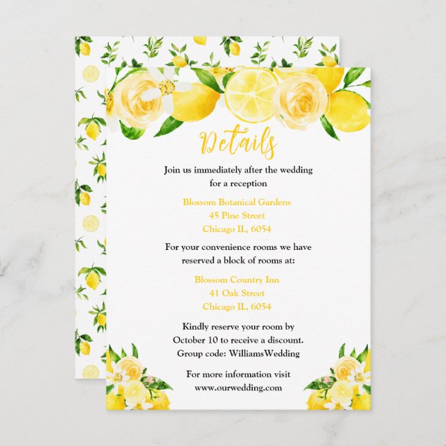 Lemons and Foliage Wedding Details Enclosure Card (Front/Back)