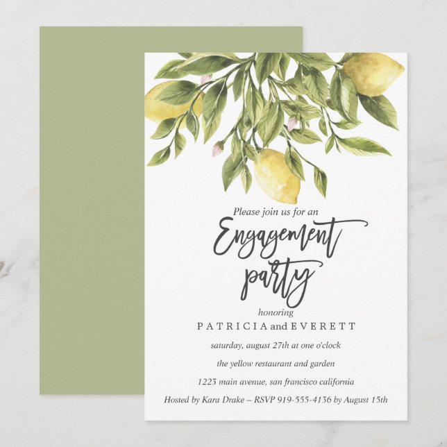 Lemons and Foliage Wedding Engagement Party v3 Invitation (Front/Back)