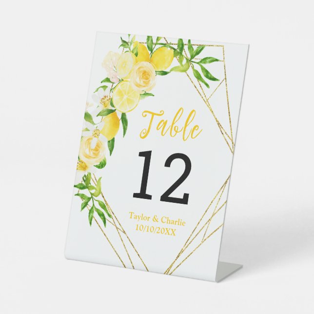 Lemons and Foliage Wedding Table Number Pedestal Sign (Front)