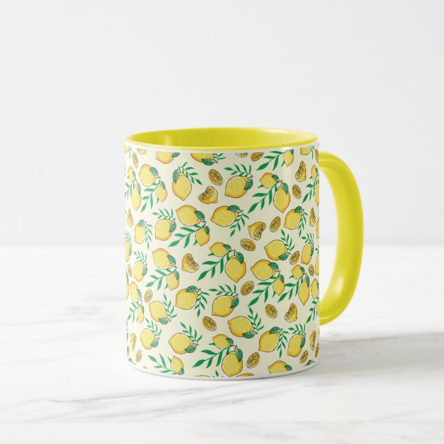 Lemons and Green Leaves Seamless Pattern Mug (Front Right)